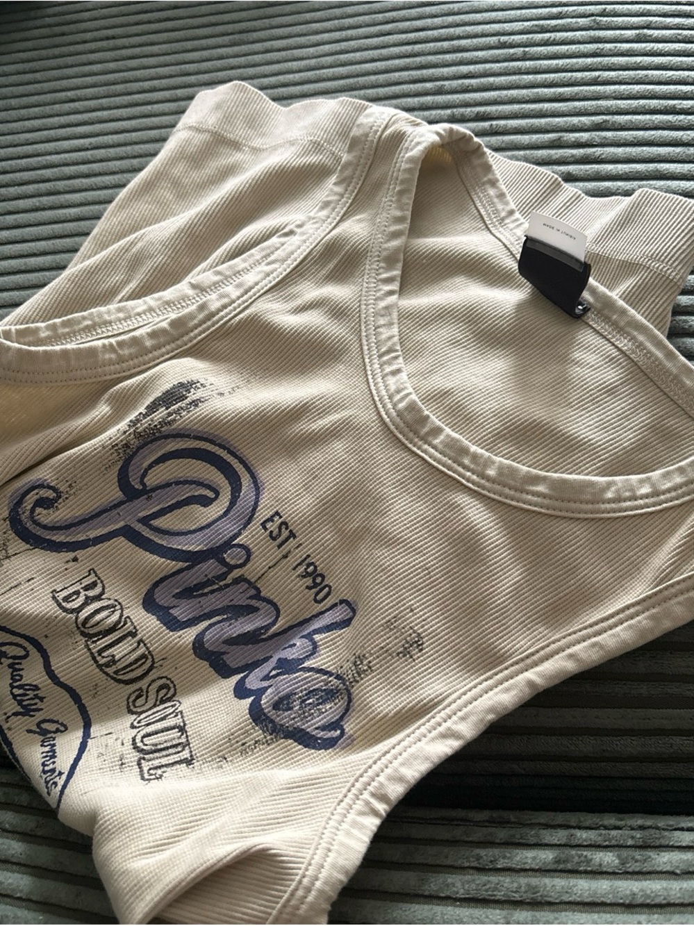 Pinko Cream Ribbed Tank with Blue Graphic Logo
